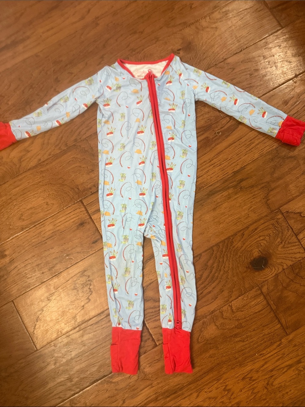 Light Blue Kids Footed One-Piece Pajama with Red Trim 18-24M
